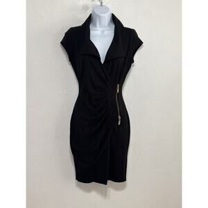 VTG 90s Y2K Cache Faux Wrap Ruched Low Cut Dress M Black Going Out Party